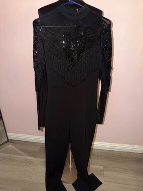 Fashion Nova Black Sequin Fringe Long-Sleeve Jumpsuite